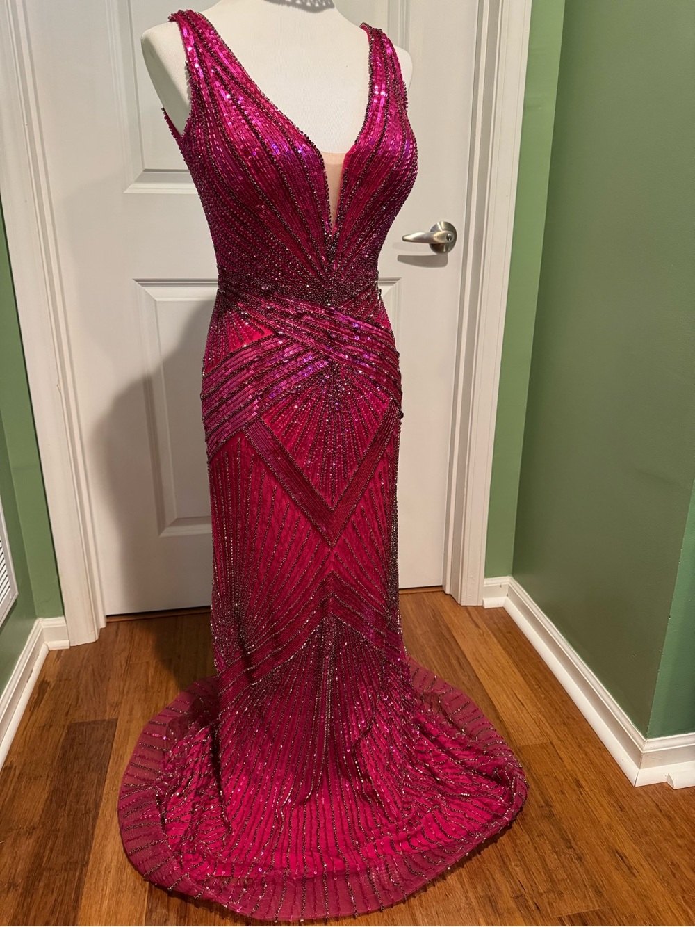 Fuchsia Beaded V-Neck Prom Gown